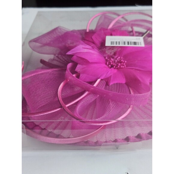 Stylish Costume Hat Flower Mesh Ribbons Feathers on a Headband and a Clip - Rose - Picture 3 of 5